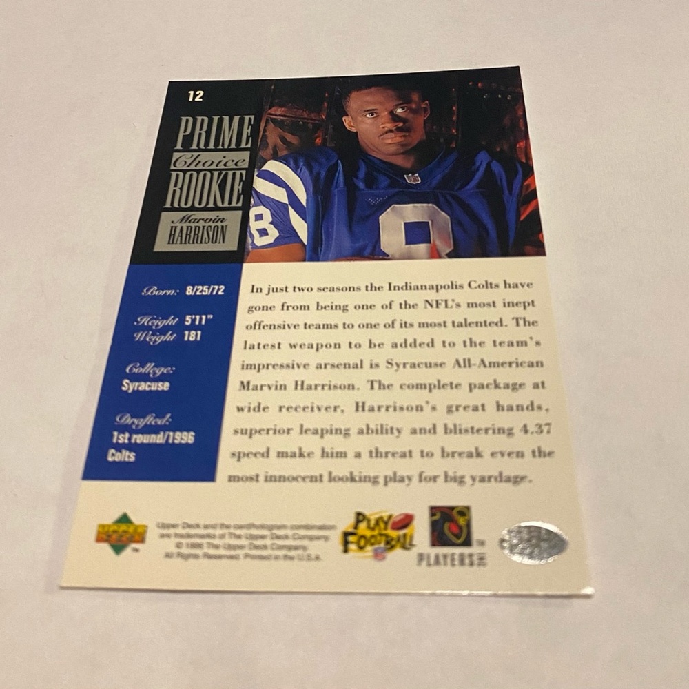 Marvin Harrison RC Rookie 1996 Upper Deck Silver Prime Choice Football Card - Picture 3 of 3